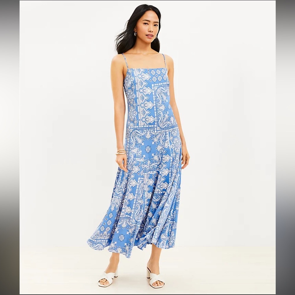 Loft Bandana Print Satin‎ Slip Maxi Dress size 12 Blue and White